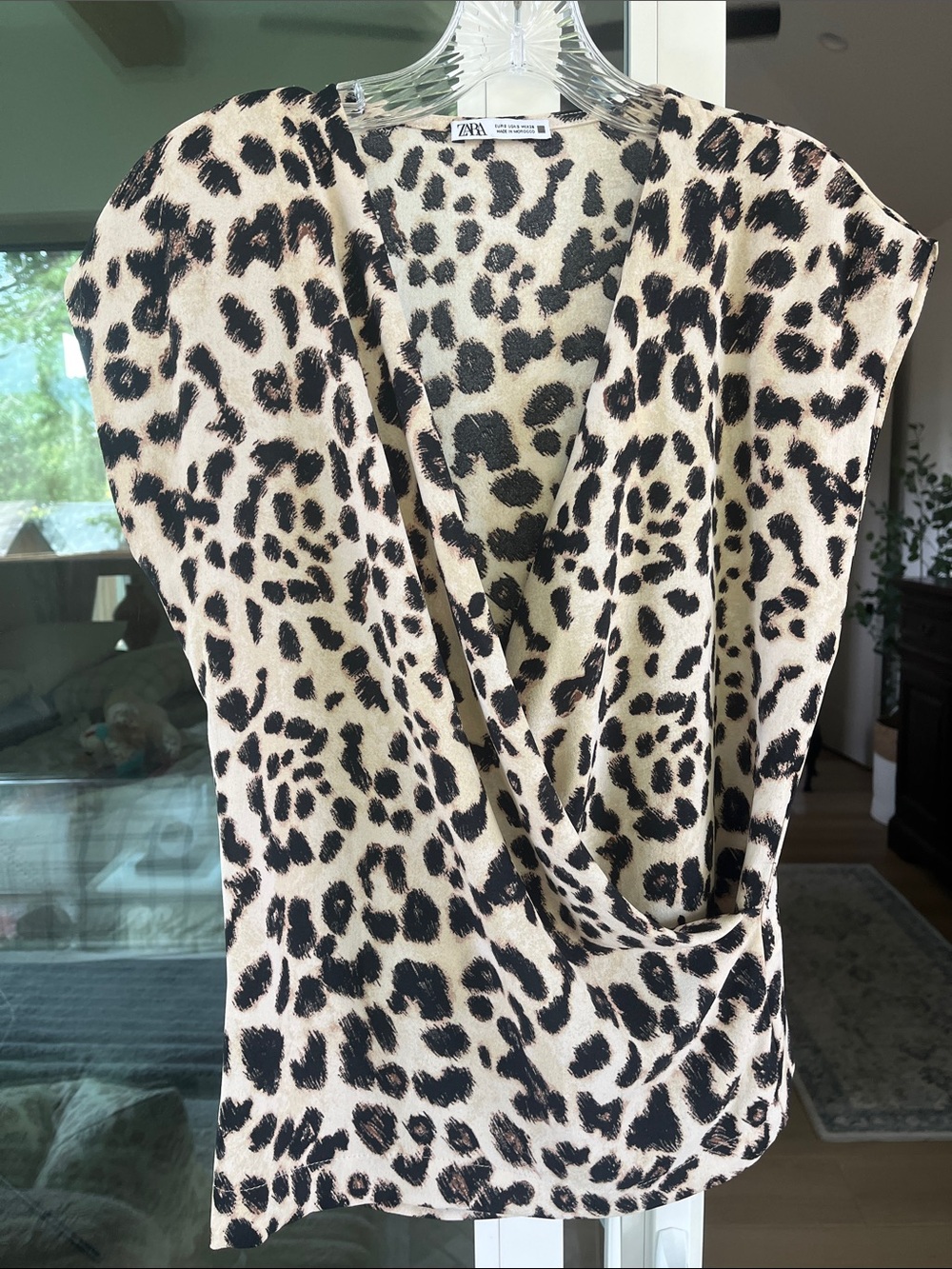 Zara Top Small Beige and Black Leopard Print Draped Stretchy